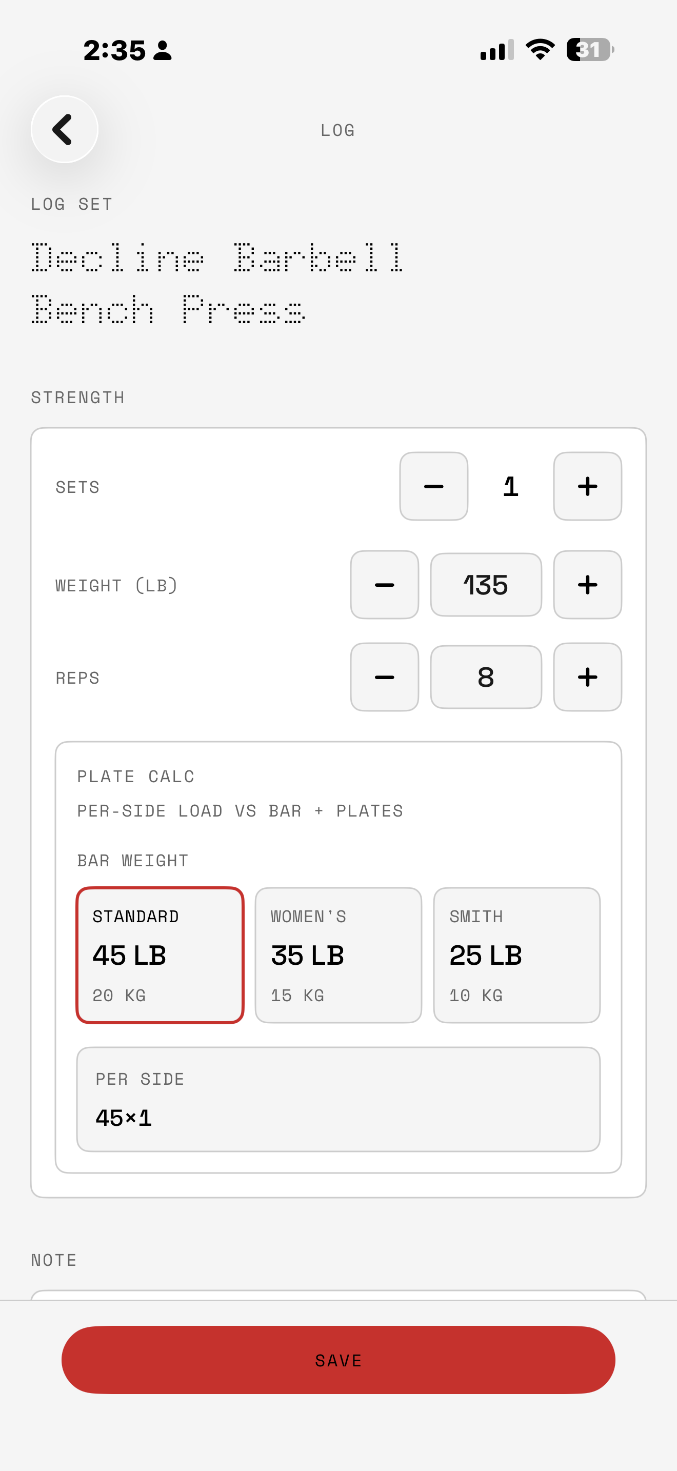 Gymcade log set screen (light UI): weight, reps, and plate calculator.