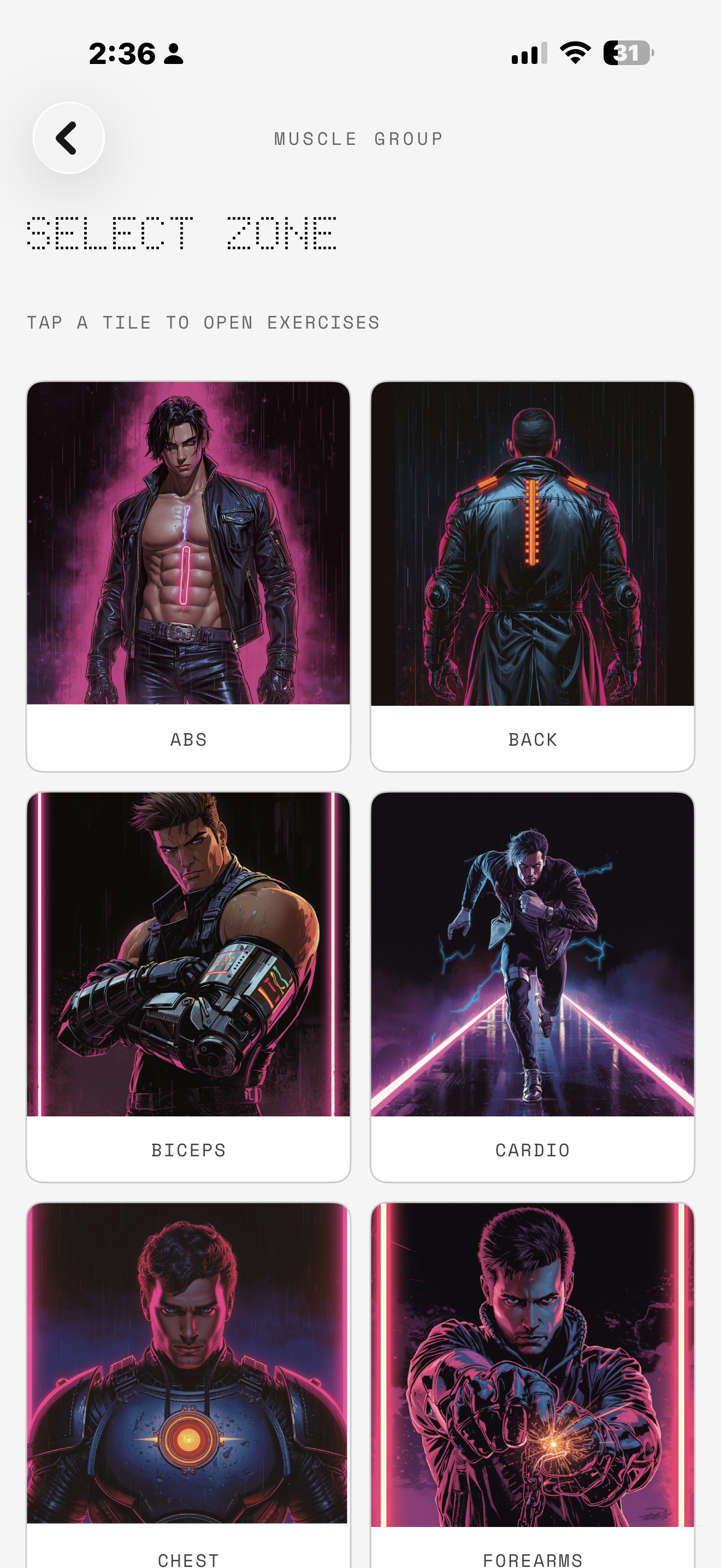 Gymcade workout home (light UI): exercises for the day.