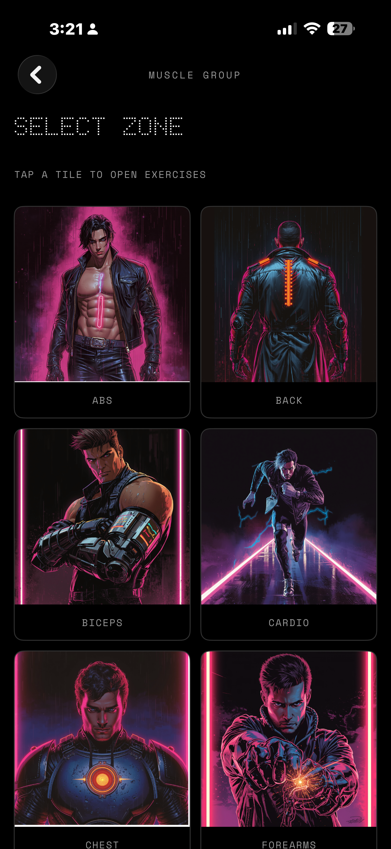 Gymcade muscle group screen (dark UI): grid of body zones to pick exercises.