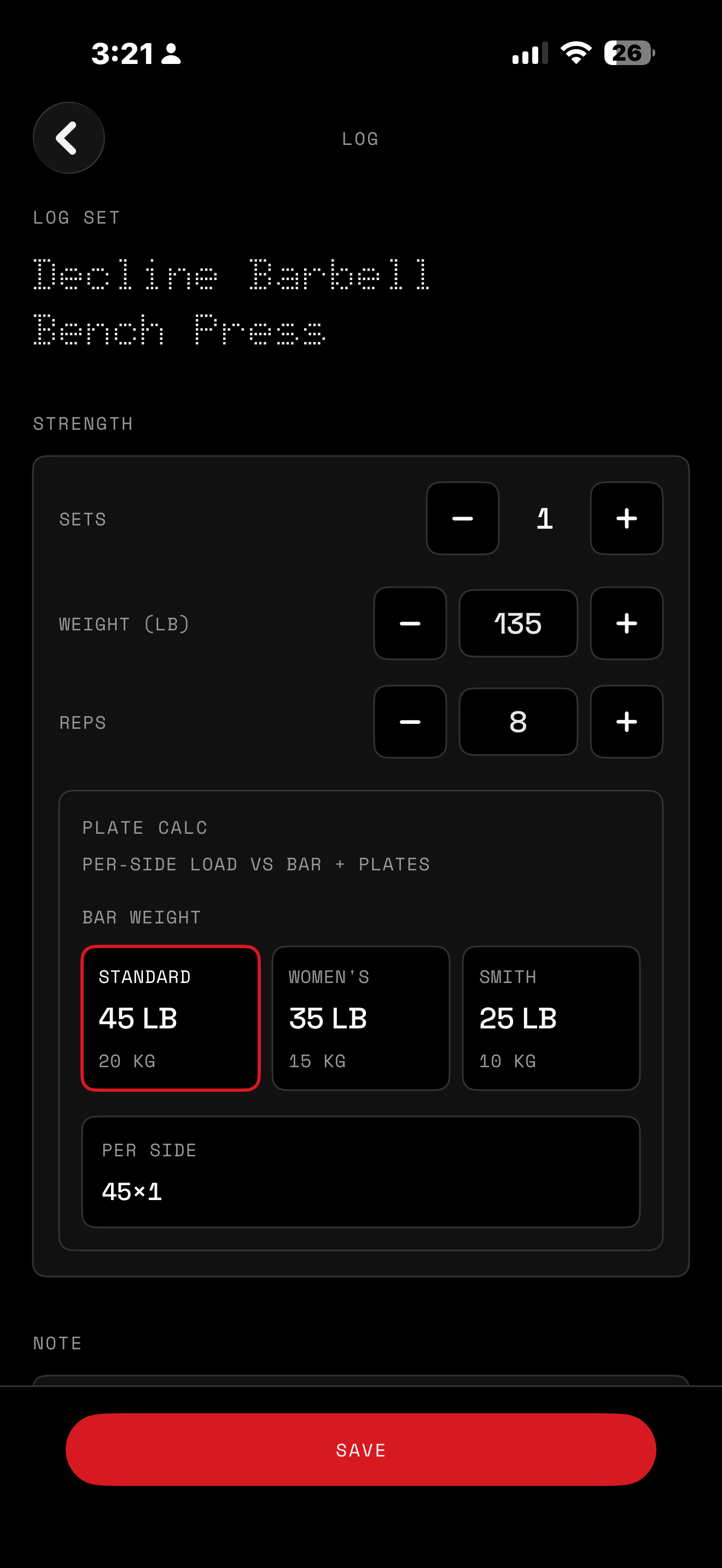 Gymcade log set screen (dark UI): weight, reps, and plate calculator.