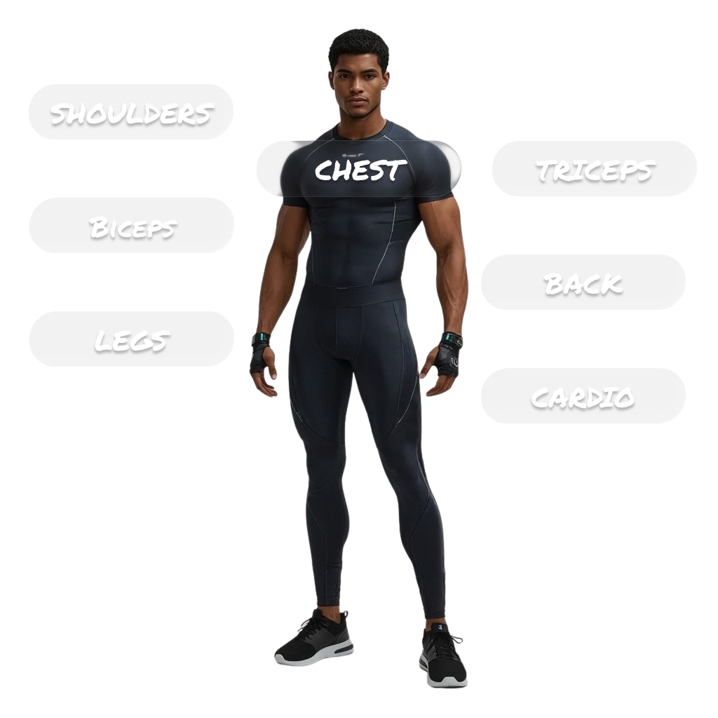 Male Gymcade character with muscle-group choices overlaid.
