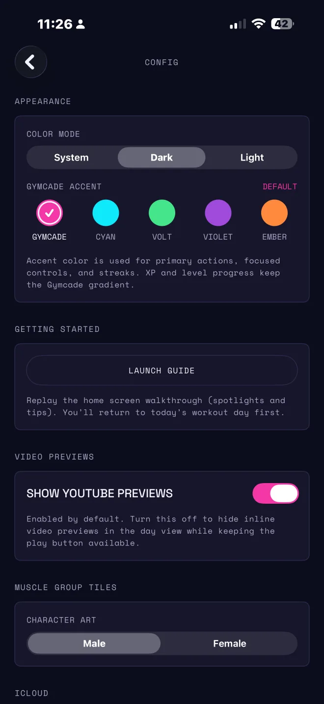 Gymcade settings screen showing five accent color options.