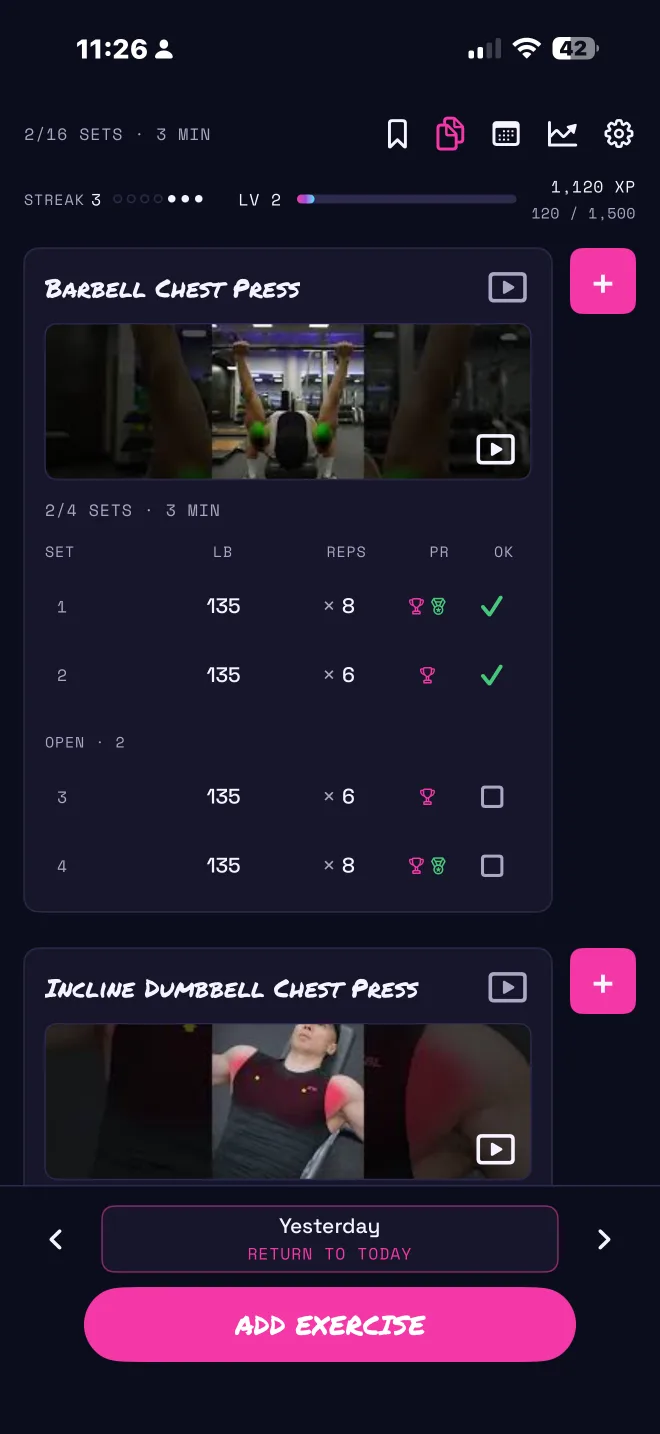 Gymcade home screen with workout progress.