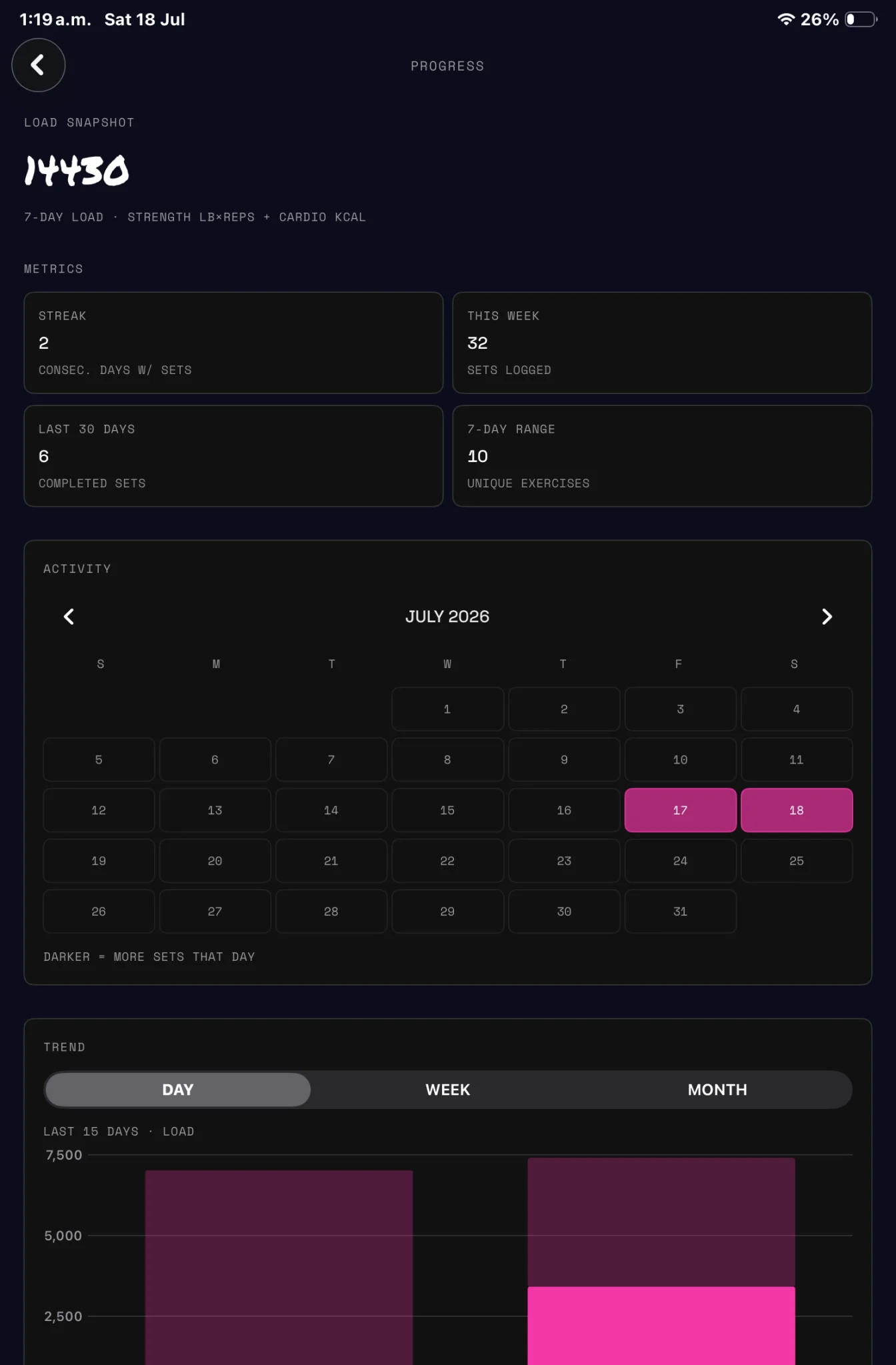 Gymcade workout logging screen on iPad.