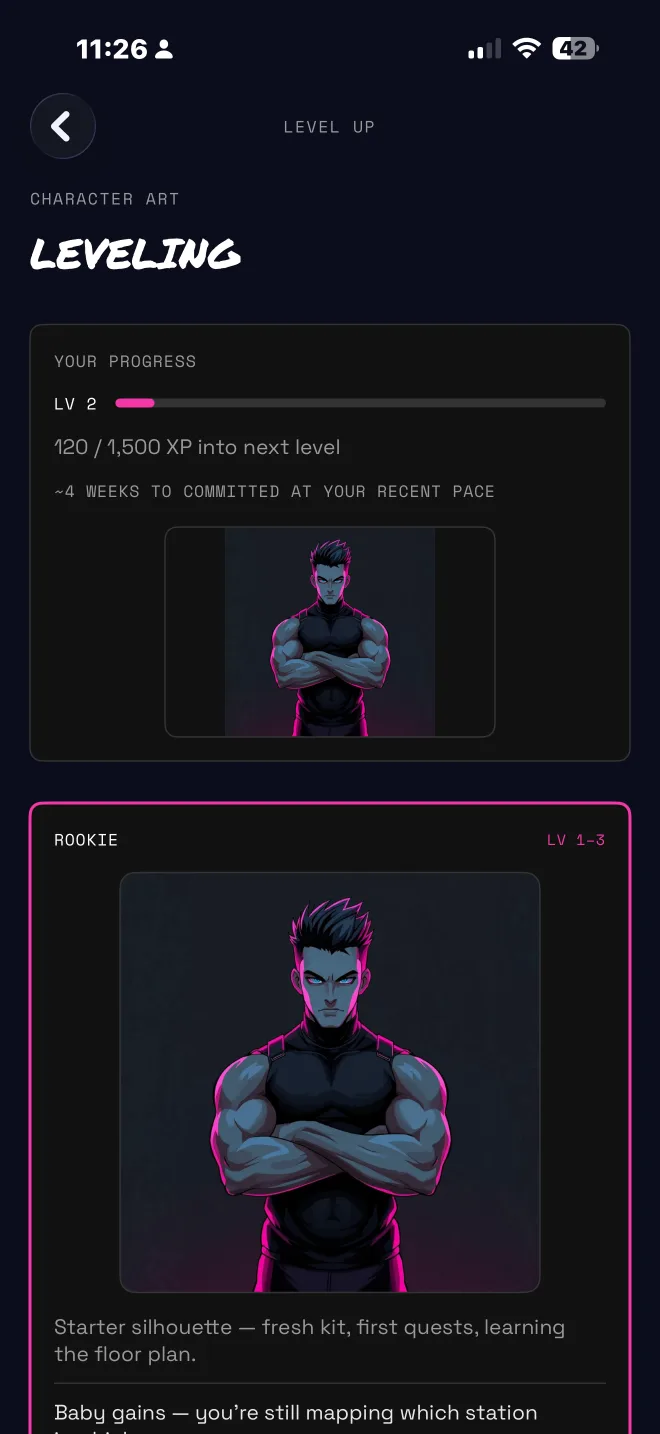 Gymcade leveling screen with XP progress and character tiers.